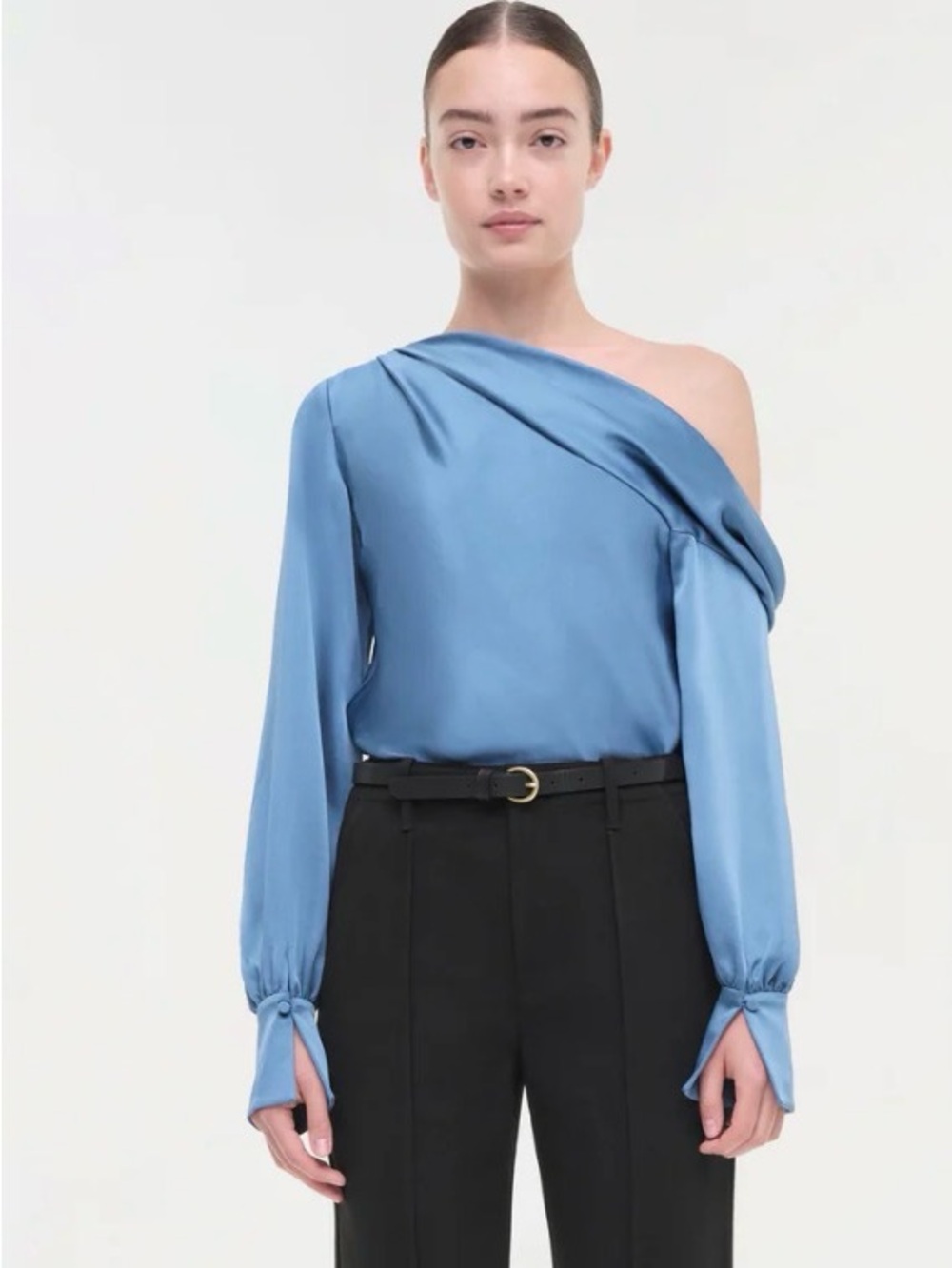 SIMKHAI “Alice” High-Sheen Satin One-Shoulder Blouse - LARGE